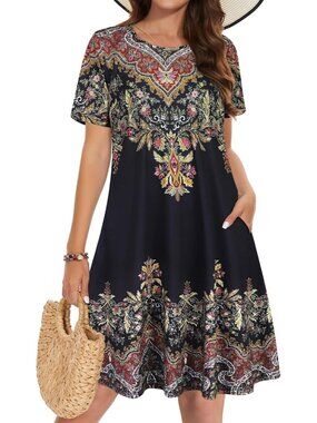 Women's Black Yellow T-shirt Short Sleeve Floral Sundress Beach Cover Mini Dress